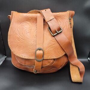 Patricia Nash Barcelona Tooled Leather Saddle Bag Crossbody Brown Purse